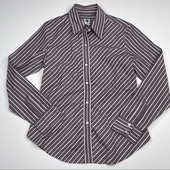 Gap Shirt Top Button Cotton Striped Purple Office Career Long Sleeve Chevron - Picture 1 of 12